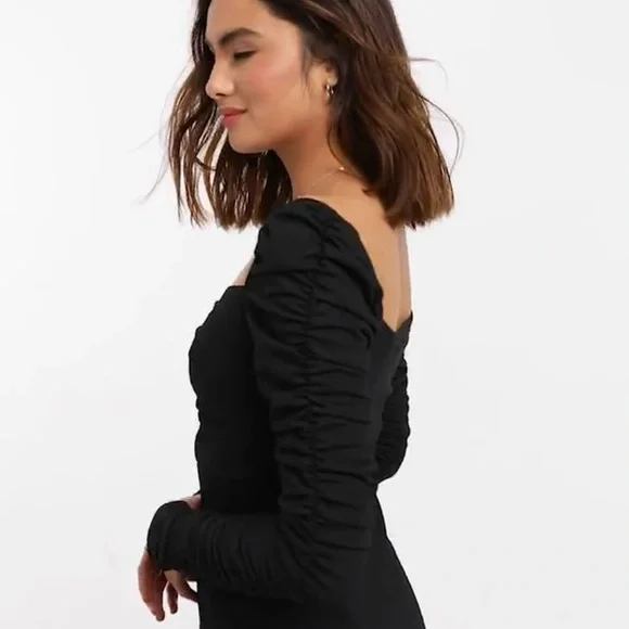 NWT Topshop Black Ribbed Ruched Long Sleeve Midi Dress. Size US 2. Stretchy! - Picture 9 of 15